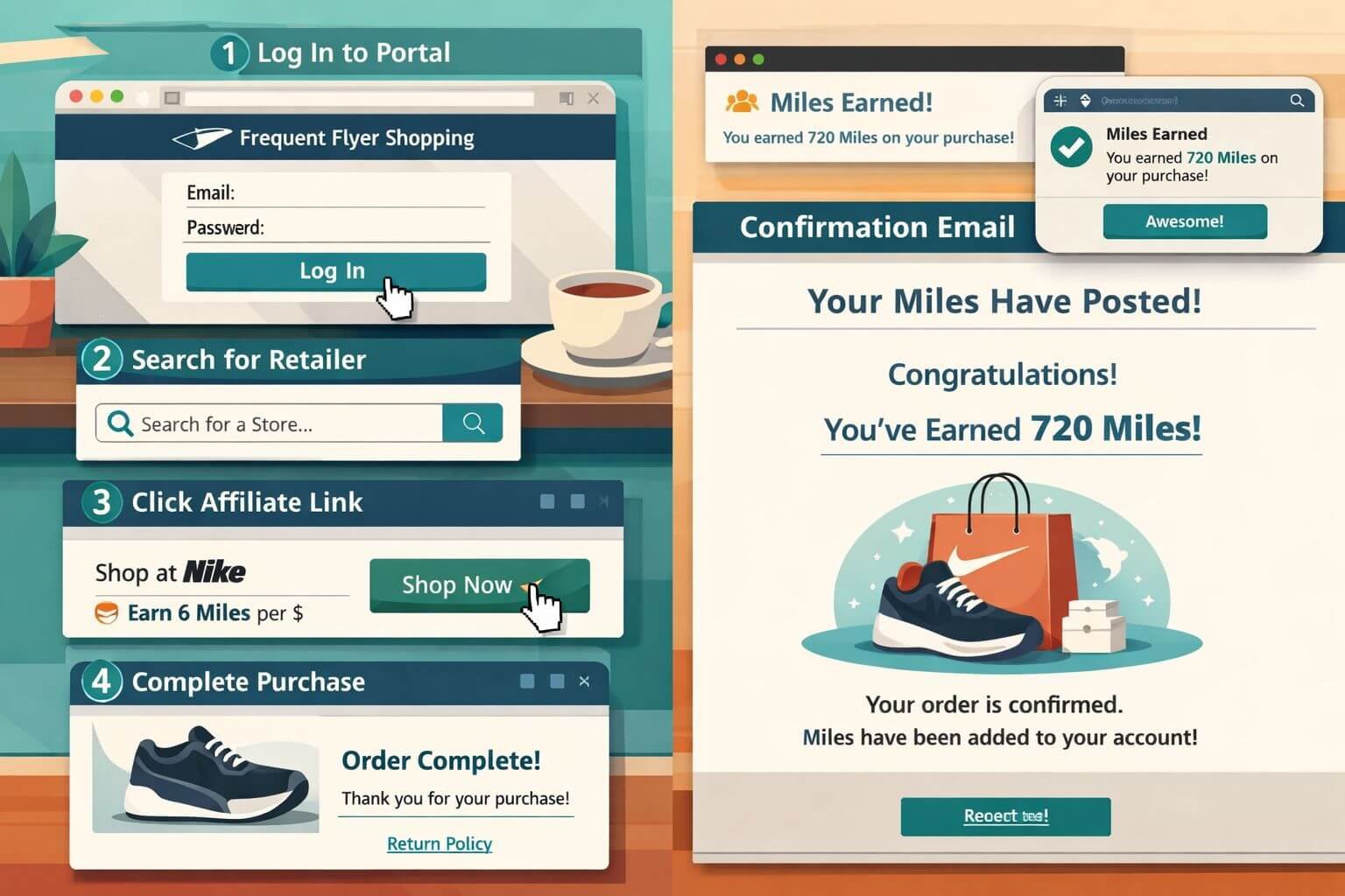 Shopping Portals and Dining Programs: The Easiest Way to Keep Points from Expiring Detailed () step-by-step walkthrough illustration showing a browser window with an airline shopping portal open, cursor