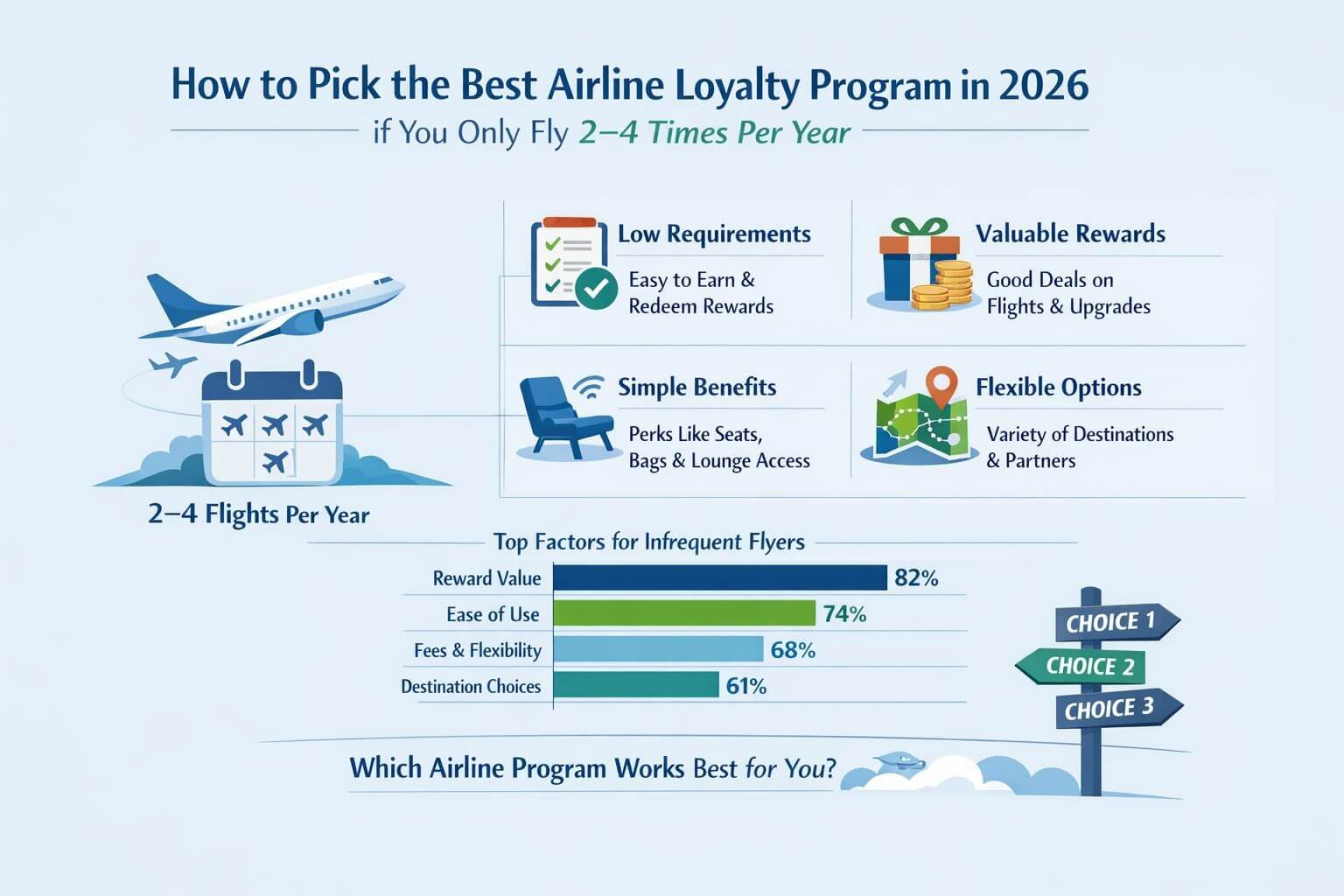 How to Pick an Airline Loyalty Program in 2026 if you only fly 2–4 times per year Professional landscape infographic () for article "Best Airline Loyalty Program for Infrequent Flyers in 2026: A Simple