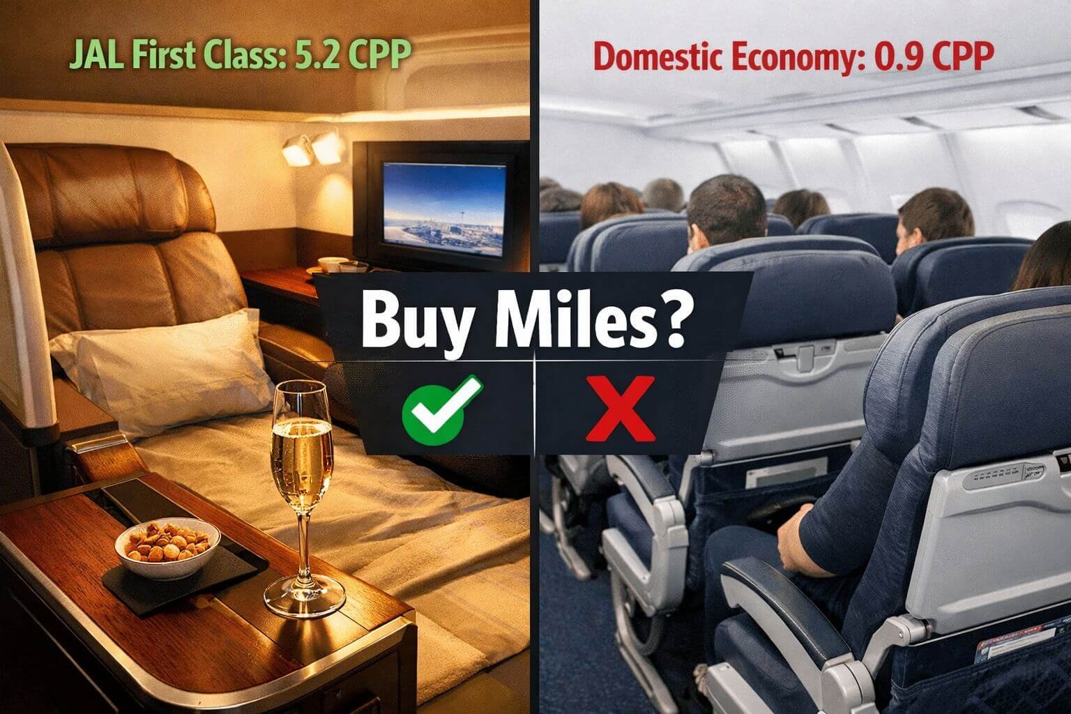 Should You Buy American Airlines Miles? When It's Worth It () split-screen comparison image. Left half shows a luxurious Japan Airlines first class suite with warm lighting and