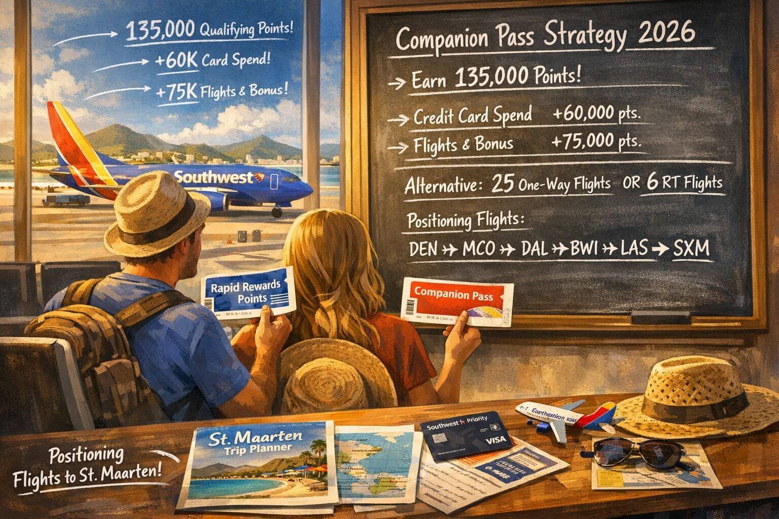 Southwest's New St. Maarten Flights: Best Points Redemptions and Companion Pass Plays for 2026 Concept illustration focused on Southwest St. Maarten flights 2026 Companion Pass strategy. Show two travelers at an airport