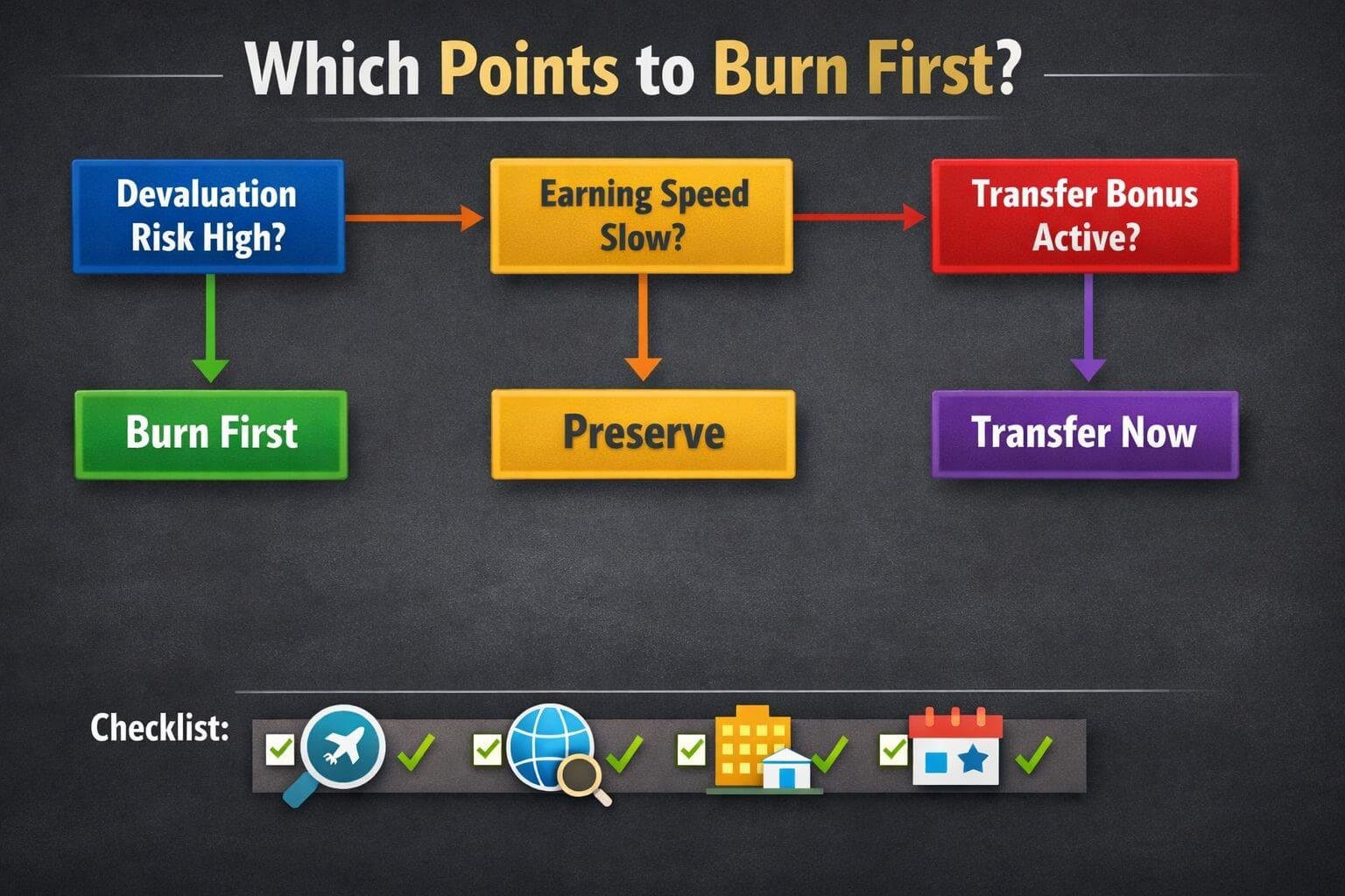 Combining Points from Multiple Cards and Programs to Book One Big Trip Decision-tree flowchart visualization in () showing a step-by-step framework for prioritizing which points to burn first.