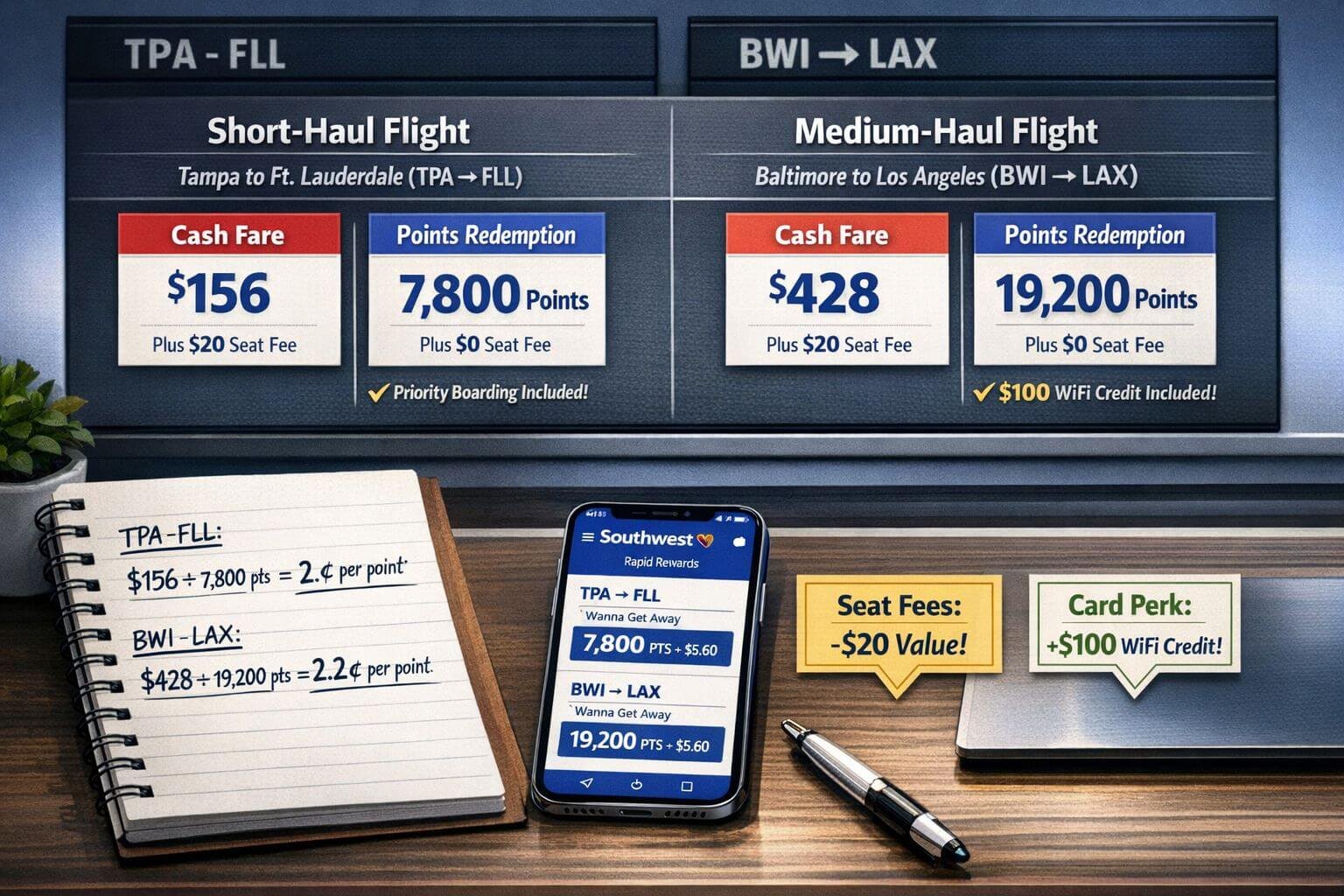 Southwest Assigned Seating and Credit Cards: How to Lock in Good Seats with Points Analytical travel rewards visual showing a split-screen comparison of cash fare versus points redemption for two sample