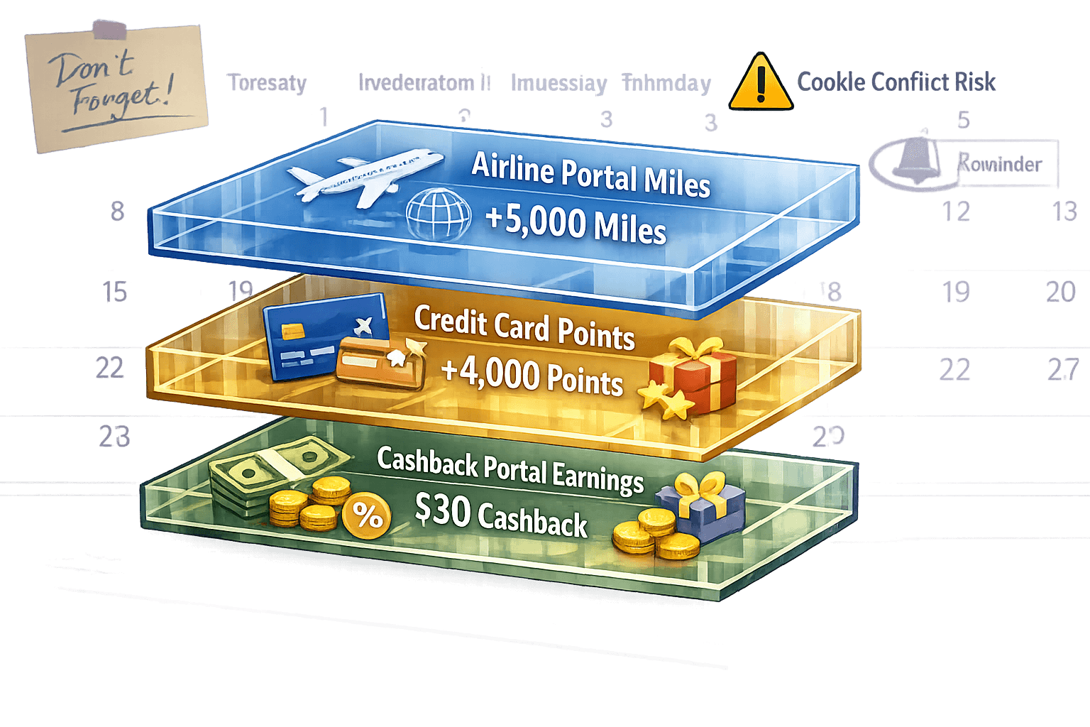 Shopping Portals and Dining Programs: The Easiest Way to Keep Points from Expiring Detailed () conceptual illustration showing the stacking strategy for maximizing earnings: three transparent layers stacked