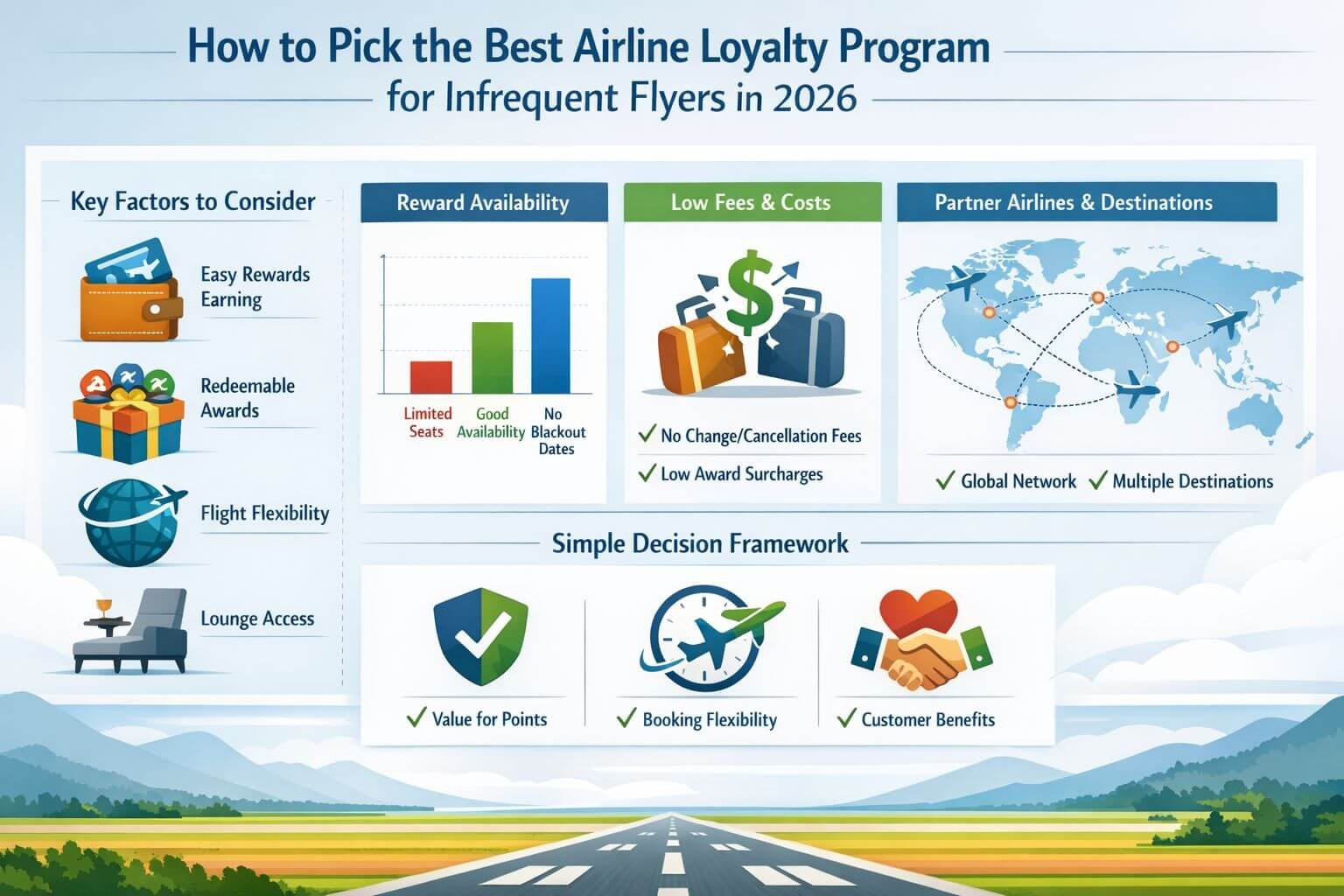 How to Pick an Airline Loyalty Program in 2026 if you only fly 2–4 times per year Professional landscape infographic () for article "Best Airline Loyalty Program for Infrequent Flyers in 2026: A Simple