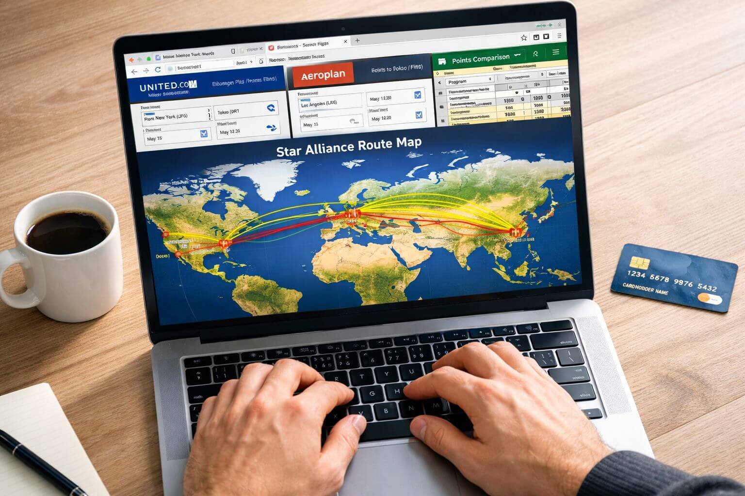 United vs Star Alliance Partners: When to Redeem MileagePlus Miles and When to Book via Partners in 2026 Detailed () image depicting a person's hands on a laptop keyboard with multiple browser tabs open showing award search tools