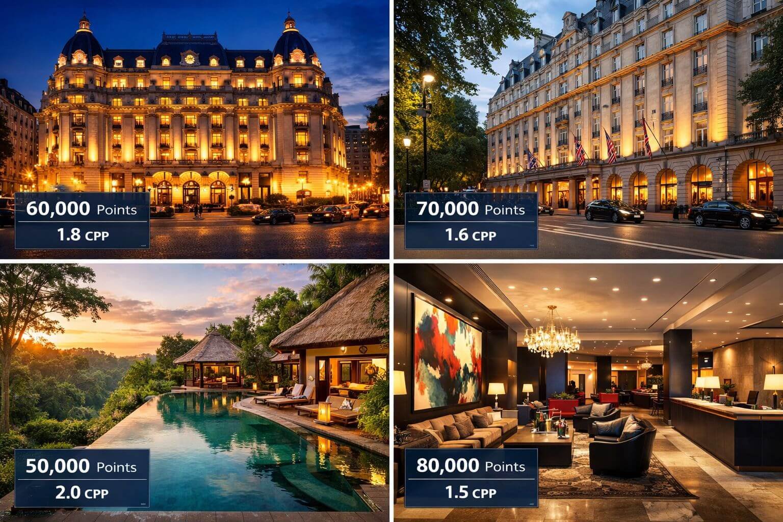 Citi ThankYou to Leading Hotels of the World: 25% Transfer Bonus Ends May 16, 2026 () split-panel comparison image showing four luxury hotel exterior and interior vignettes arranged in a 2x2 grid: top-left