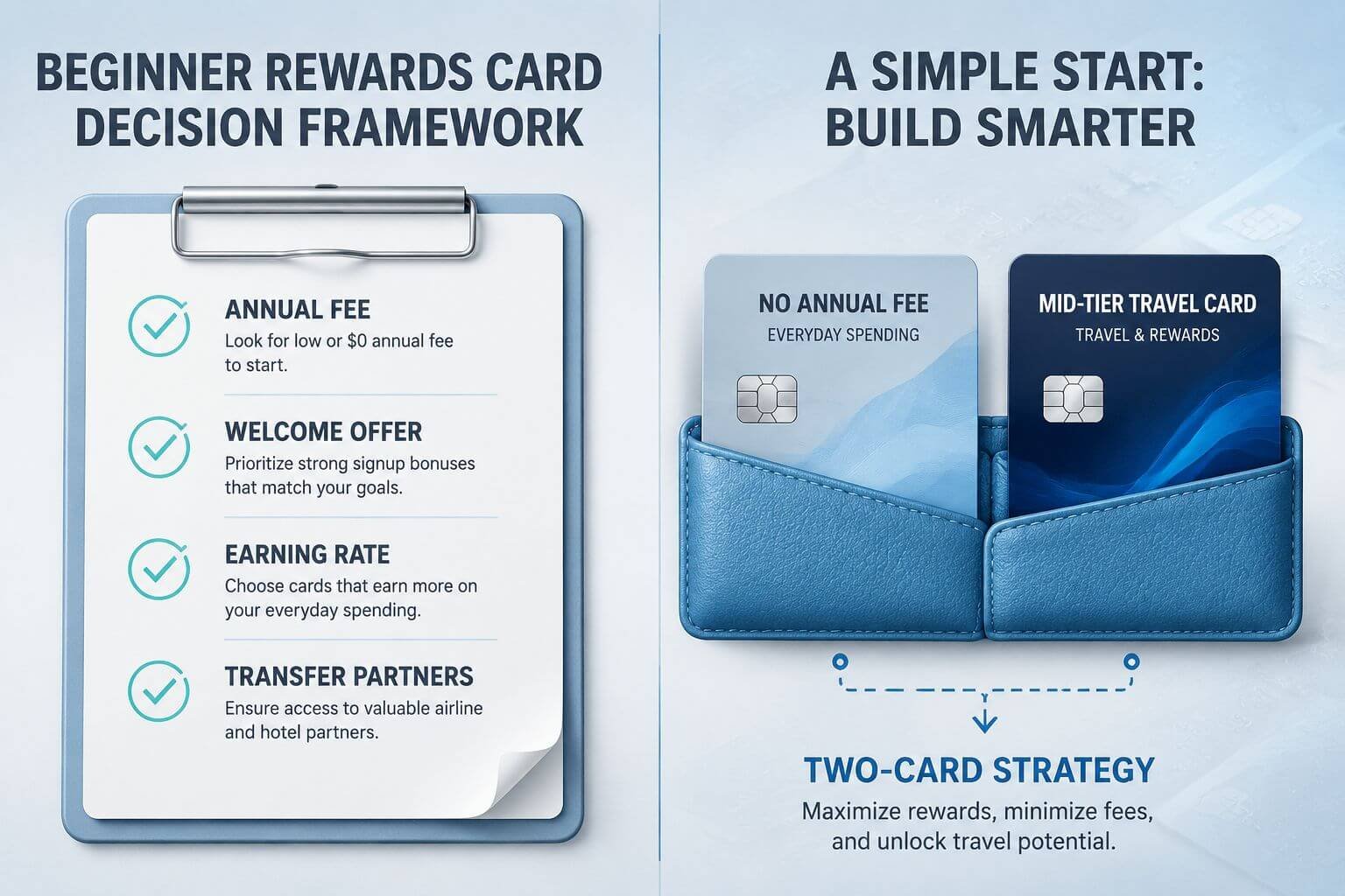 Credit Card Rewards 101: A Practical Guide to Earning and Redeeming Points in 2026 () split-screen comparison visual showing a beginner rewards card decision framework. Left panel: a clean checklist on a