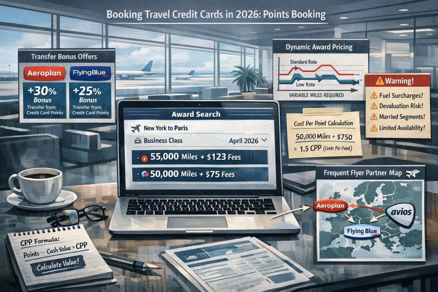 Compare Travel Credit Cards: How to Pick the Right Setup in 2026 Professional booking strategy illustration for compare travel credit cards in 2026, featuring a laptop screen with an award