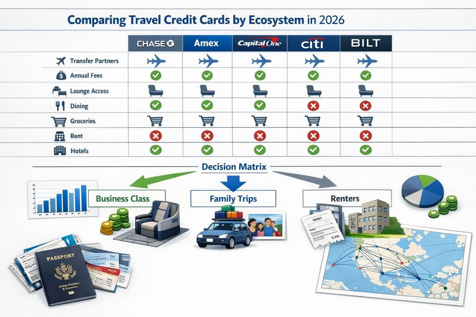 Compare Travel Credit Cards: How to Pick the Right Setup in 2026 Professional infographic-style editorial image focused on how to compare travel credit cards by ecosystem in 2026. Overhead