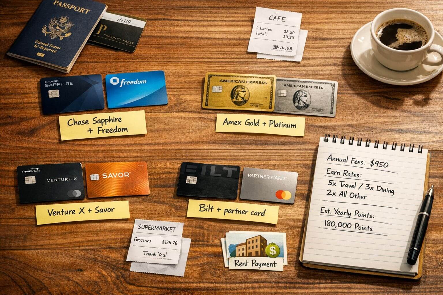 Compare Travel Credit Cards: How to Pick the Right Setup in 2026 Professional scene showing four 2-card and 3-card wallet setups laid out on a wooden table, each grouped with sticky labels