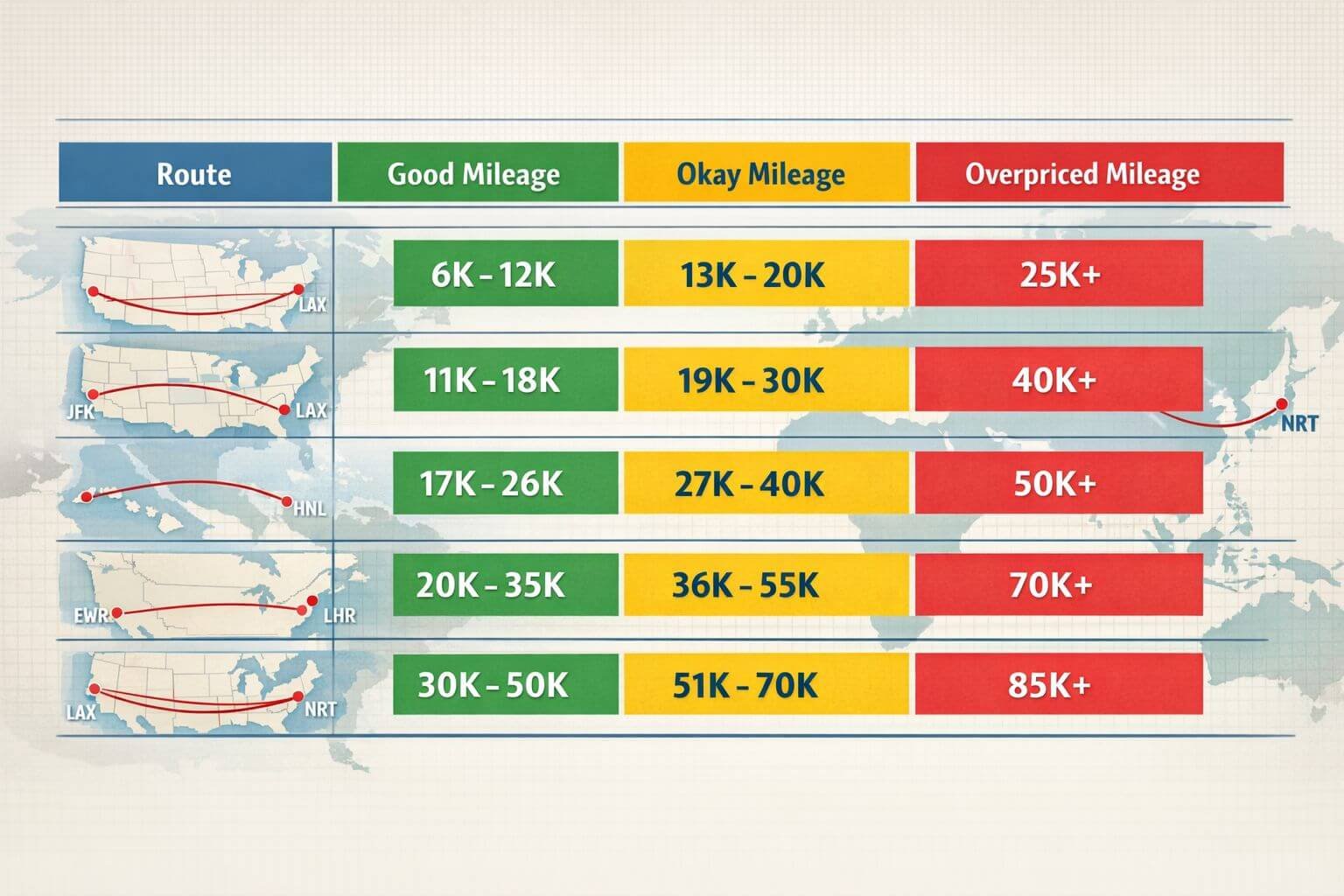 How Many United Miles Do You Need for a Free Flight in 2026? () comparison table visualization showing popular US routes (SFO-LAX, JFK-LAX, ORD-HNL, EWR-LHR, LAX-NRT) as rows with