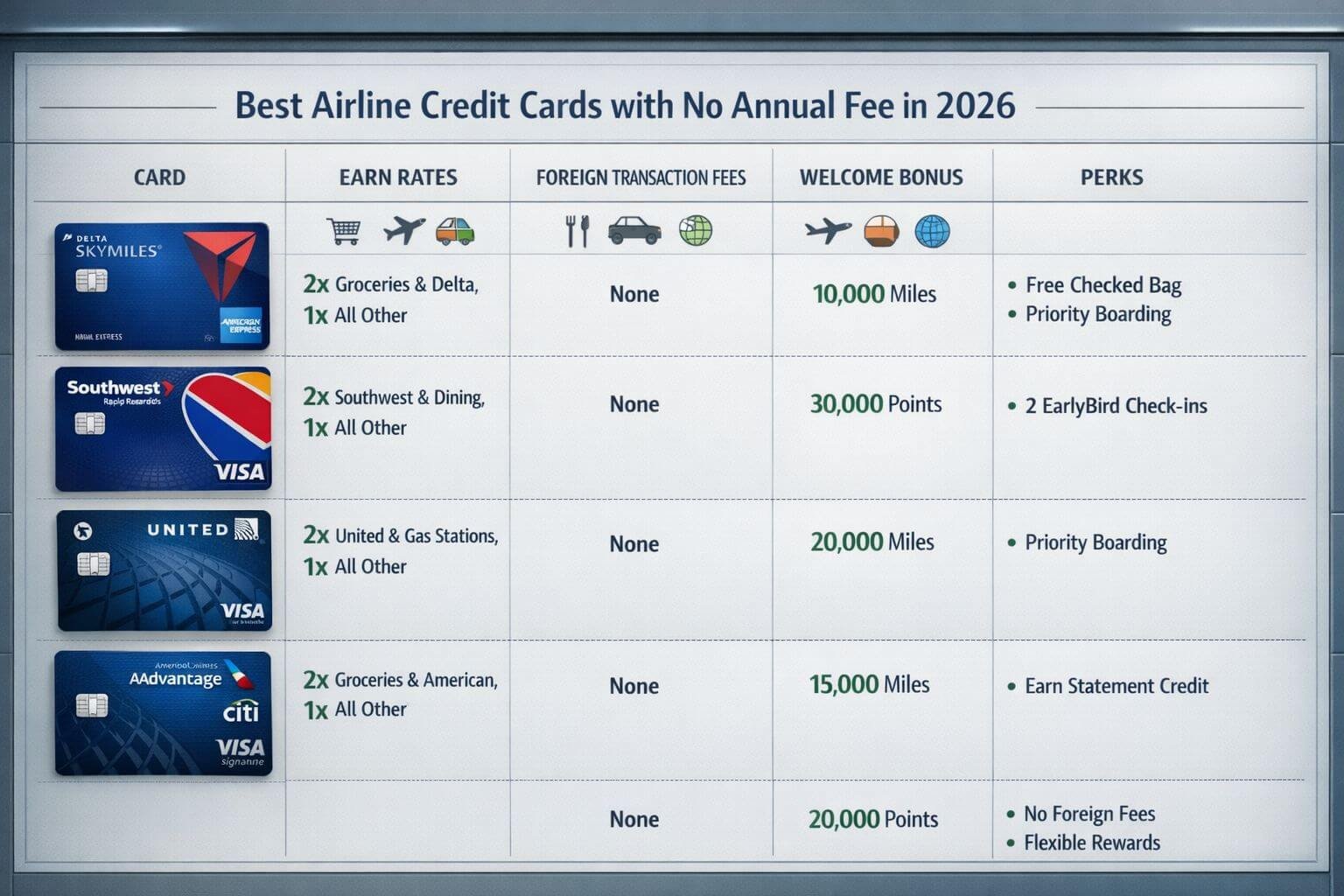 Best Airline Credit Cards With No Annual Fee in 2026 () detailed comparison-table style visual for best airline credit cards no annual fee in 2026. Create a clean side-by-side