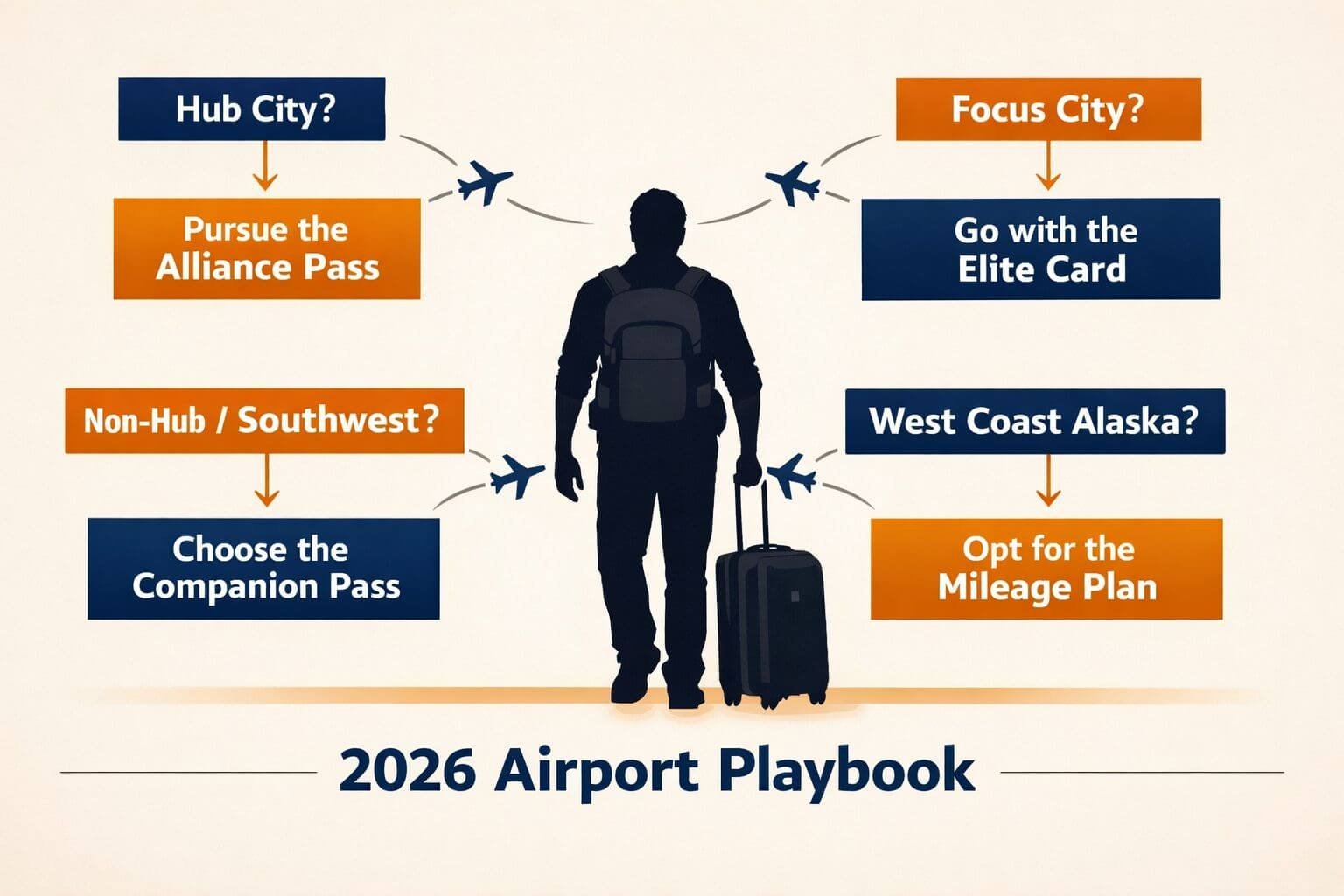 How to Choose Your Primary Airline Loyalty Program in 2026 (by home airport) () editorial decision-tree flowchart illustration showing a traveler silhouette at center with branching paths labeled: 'Hub