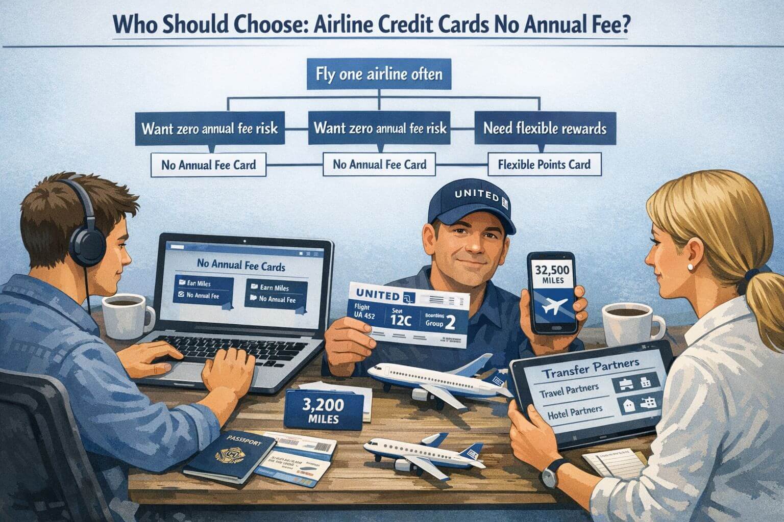 () editorial infographic scene focused on who should choose airline credit cards no annual fee. Show a desk from a slightly