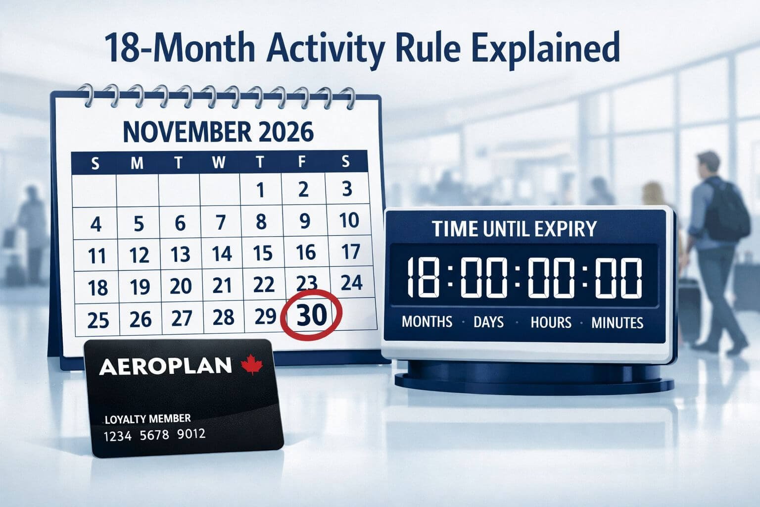 () editorial infographic-style illustration showing a large wall calendar with November 30 2026 circled in red, an Aeroplan