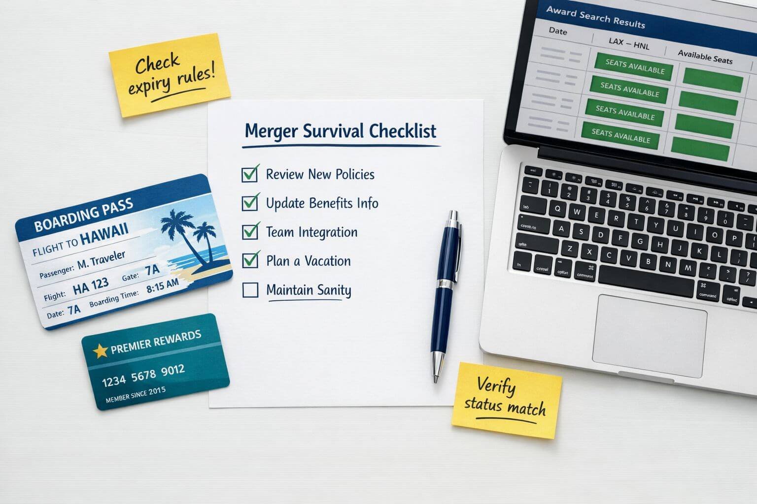 Beginner’s Guide to Merged Airline Loyalty Programs After 2026 (Ex-Alaska and Hawaiian Flyers) () flat-lay composition on a clean white desk surface showing: a printed checklist titled 'Merger Survival Checklist' with