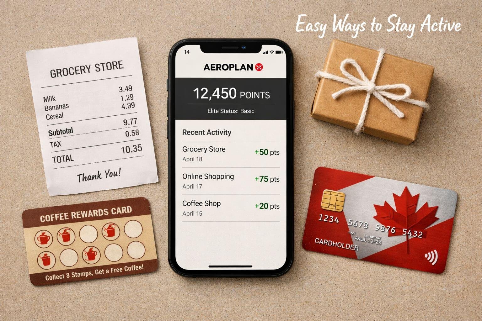 How Much Are Aeroplan Points Worth If They Never Expire? Keeping Your Miles Alive in 2026 () flat-lay style photograph of a smartphone displaying an Aeroplan account dashboard with activity log visible, surrounded