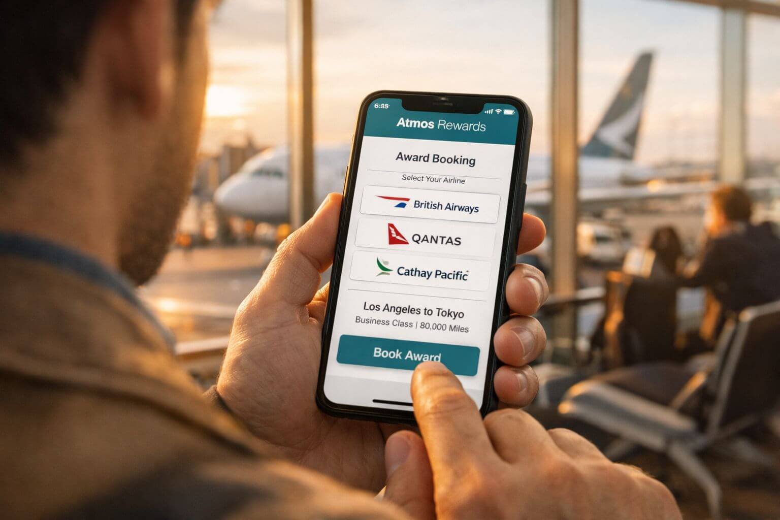 Beginner’s Guide to Merged Airline Loyalty Programs After 2026 (Ex-Alaska and Hawaiian Flyers) () over-the-shoulder perspective of a traveler at an airport gate using a smartphone showing the Atmos Rewards app