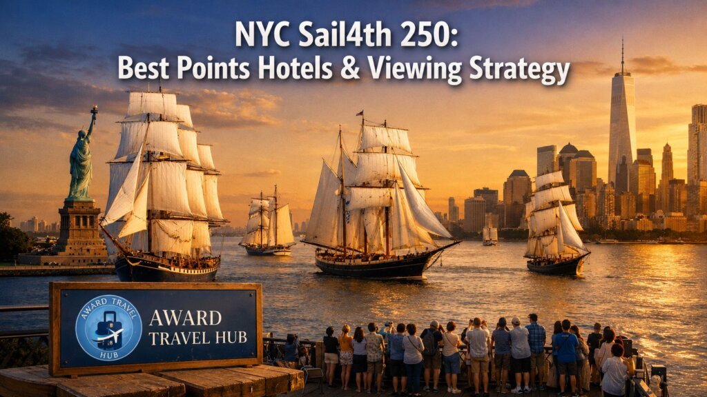 NYC Sail4th 250: Best Points Hotels and Viewing Strategy for the Tall Ships Parade Tall ships parade past the Statue of Liberty at sunset with the NYC skyline behind. Onlookers gather along the waterfront. Text reads, "NYC Sail4th 250: Best Points Hotels & Viewing Strategy.