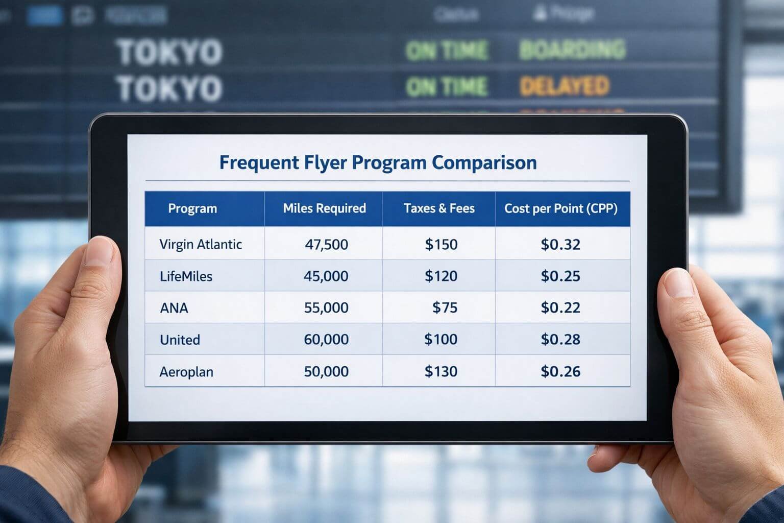 Detailed () infographic-style image showing a large comparison matrix table on a digital tablet screen held by hands at an