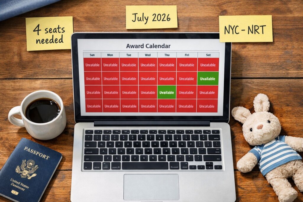 editorial illustration showing the difficulty of finding family award seats: a laptop screen displaying an award calendar