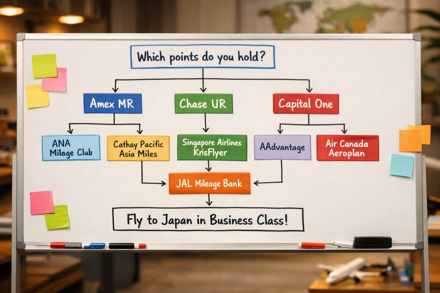 Finding Business Class Awards to Japan in 2026 After Devaluations Detailed () image showing a decision tree flowchart printed on a large whiteboard in a modern travel planning office. The