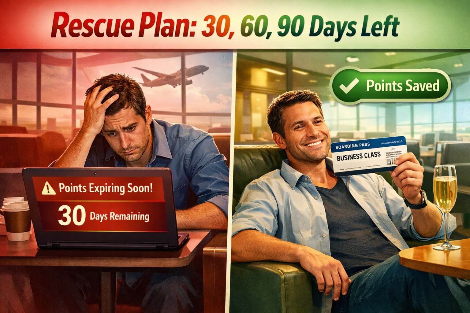 How Much Are Aeroplan Points Worth If They Never Expire? Keeping Your Miles Alive in 2026 () split-screen concept illustration: left side shows a stressed traveler looking at a laptop screen with a red 'Points