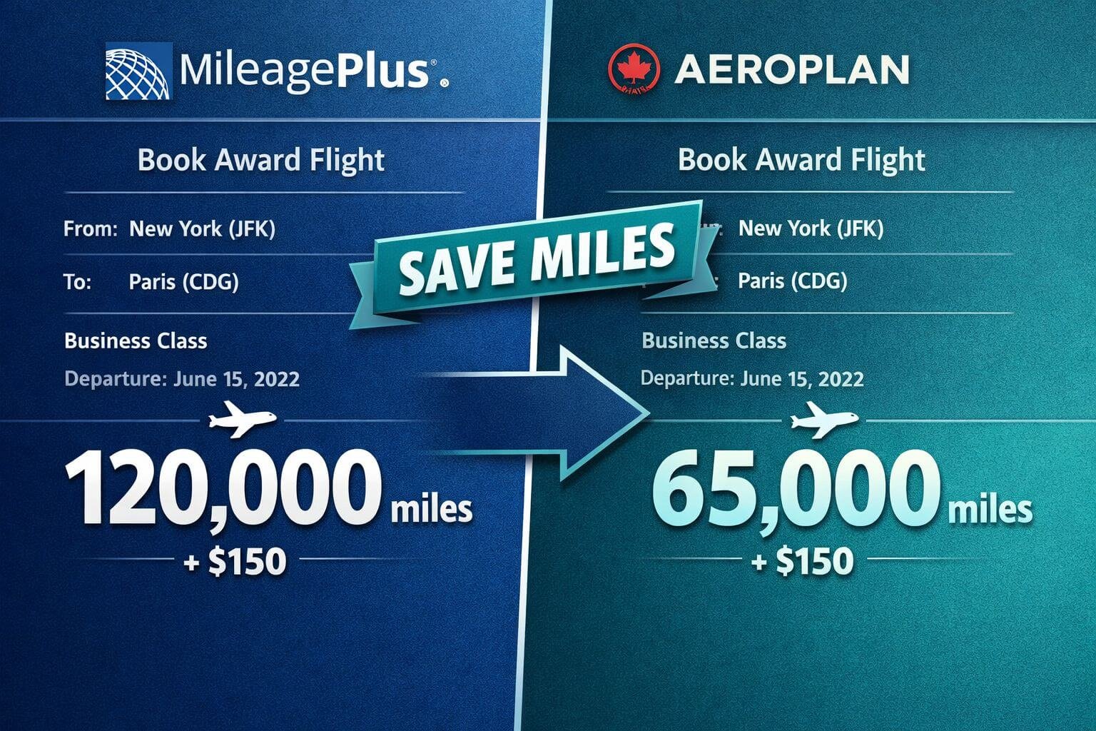 How Many United Miles Do You Need for a Free Flight in 2026? () split-screen concept image: left side shows United MileagePlus app interface with award booking screen and high mile