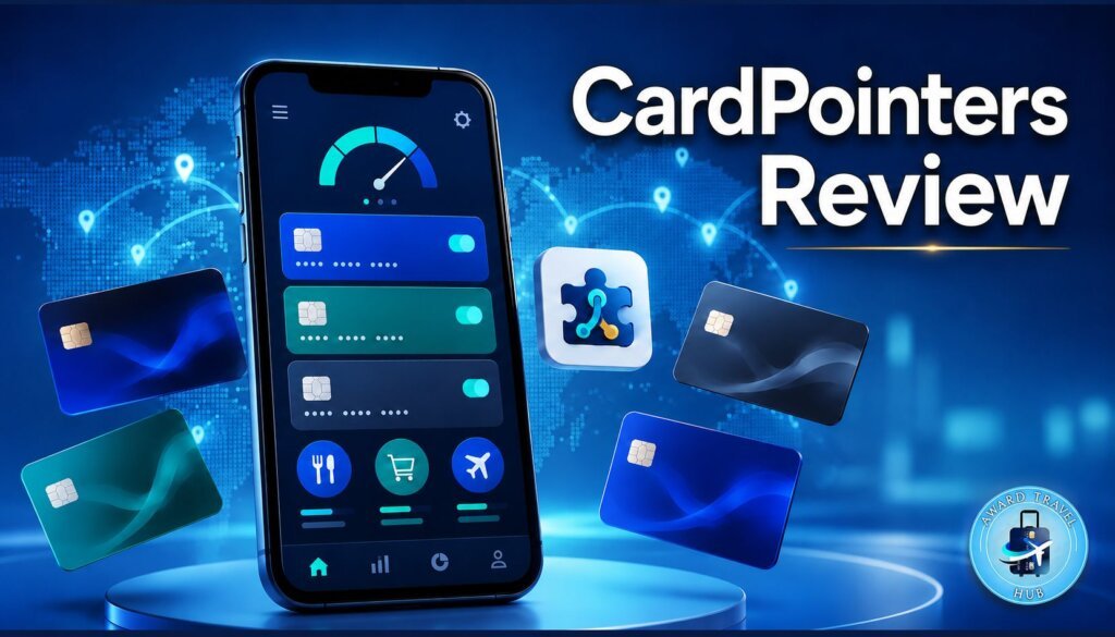 CardPointers Review A smartphone displays a finance app surrounded by blue credit cards. The words CardPointers Review are on the right, highlighting an in-depth cardpointers review against a glowing world map background, with a logo featured in the bottom right corner.