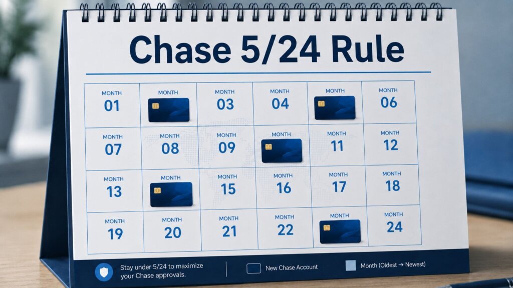 Chase 5/24 Rule A desk calendar visually illustrates the Chase 5/24 Rule, displaying months 1 through 24 with icons representing credit cards. A clear legend highlights new and old accounts while advising users to stay under the Chase 5/24 Rule threshold for better chances of approval.