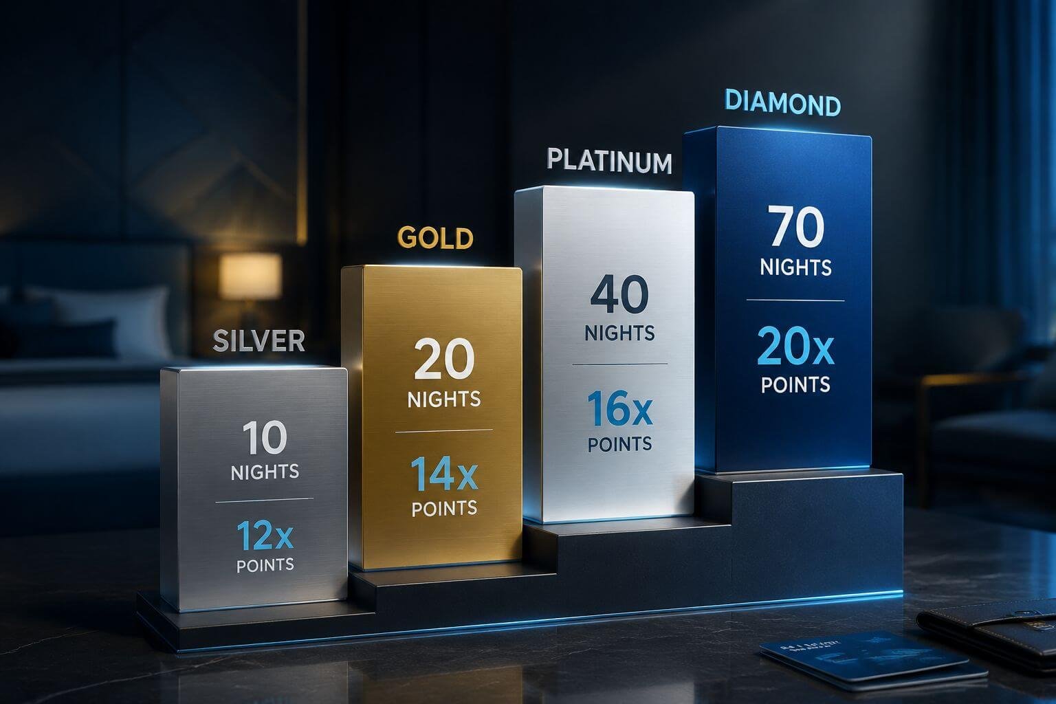 IHG One Rewards Program Guide 2026: Earning, Status, and Award Sweet Spots () comparison table visualization showing IHG elite status tiers — Silver, Gold, Platinum, Diamond — as ascending staircase