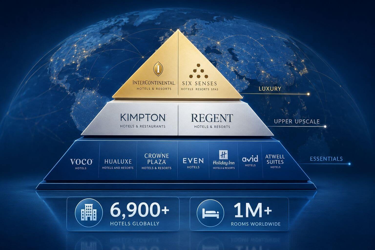 InterContinental Hotel Rewards in 2026: Earning, Elite Status & Best Award Redemptions () editorial illustration showing the IHG brand portfolio hierarchy as a visual pyramid: InterContinental and Six Senses at