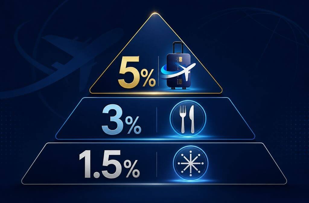 () editorial infographic showing Chase Freedom Unlimited earning rate tiers: 5% Chase Travel portal icon, 3% fork-and-knife