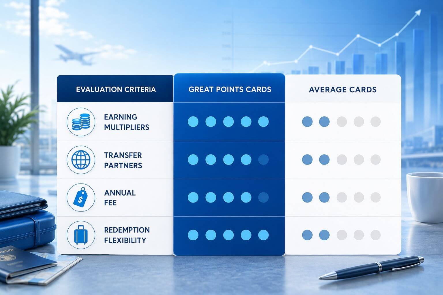 () editorial infographic showing a side-by-side comparison table of credit card evaluation criteria: earning multipliers,