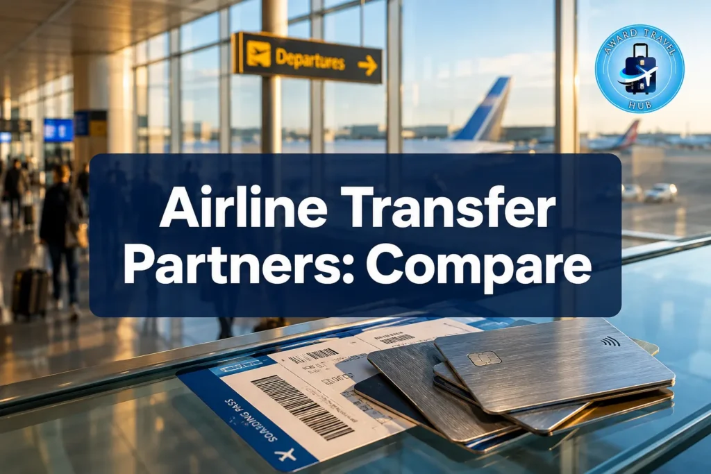 Airlines Hub Landing Page A stack of passports and boarding passes rests on an airport table, with travelers bustling nearby and a Departures sign glowing in the background. Text overlay reads: Airline Transfer Partners: Compare.