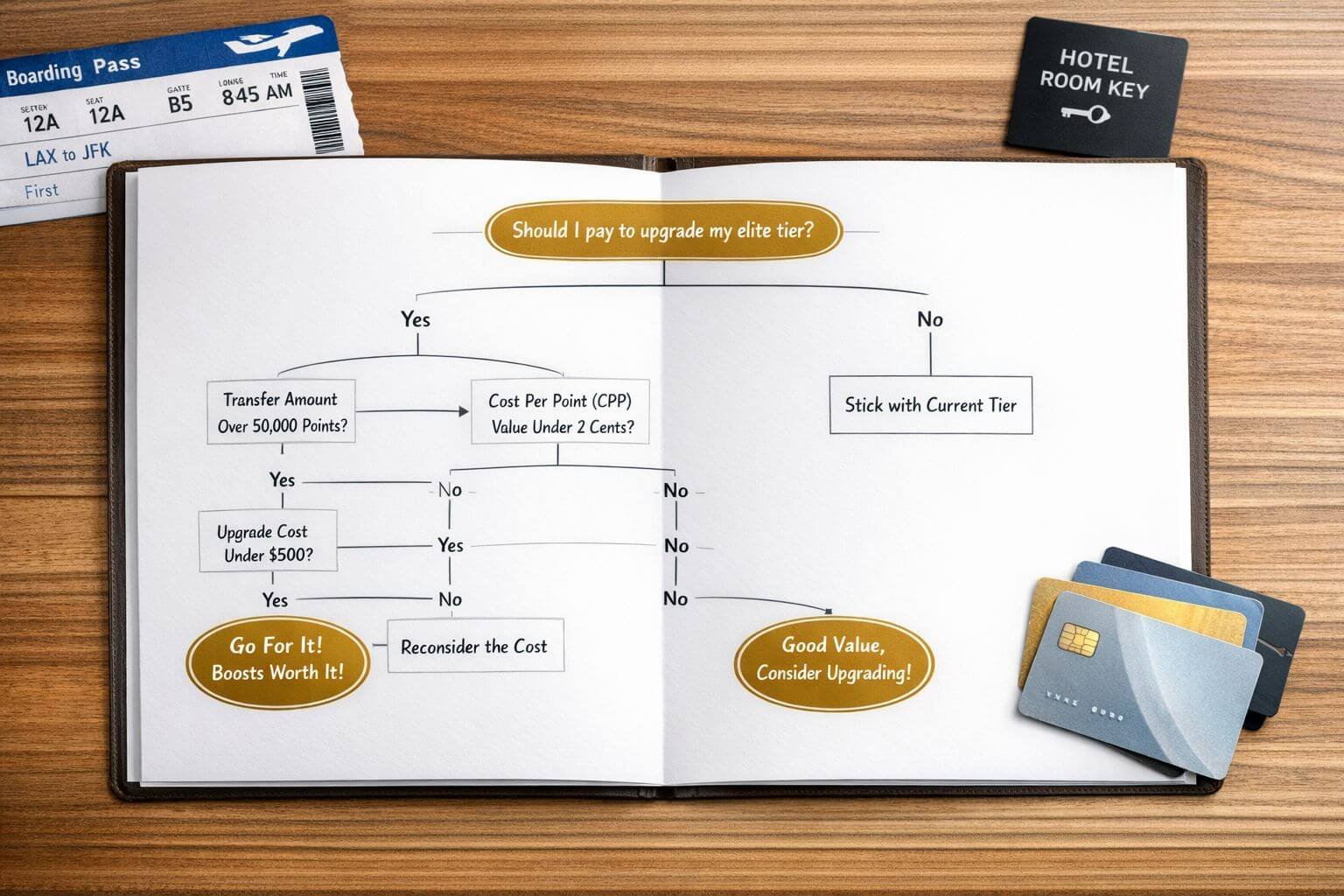 Transfer Bonus Math in 2026: When Chasing Elite-Tier Boosts Actually Pays Off () showing a clean decision-tree flowchart printed on premium white paper, held open on a wooden desk. The flowchart starts