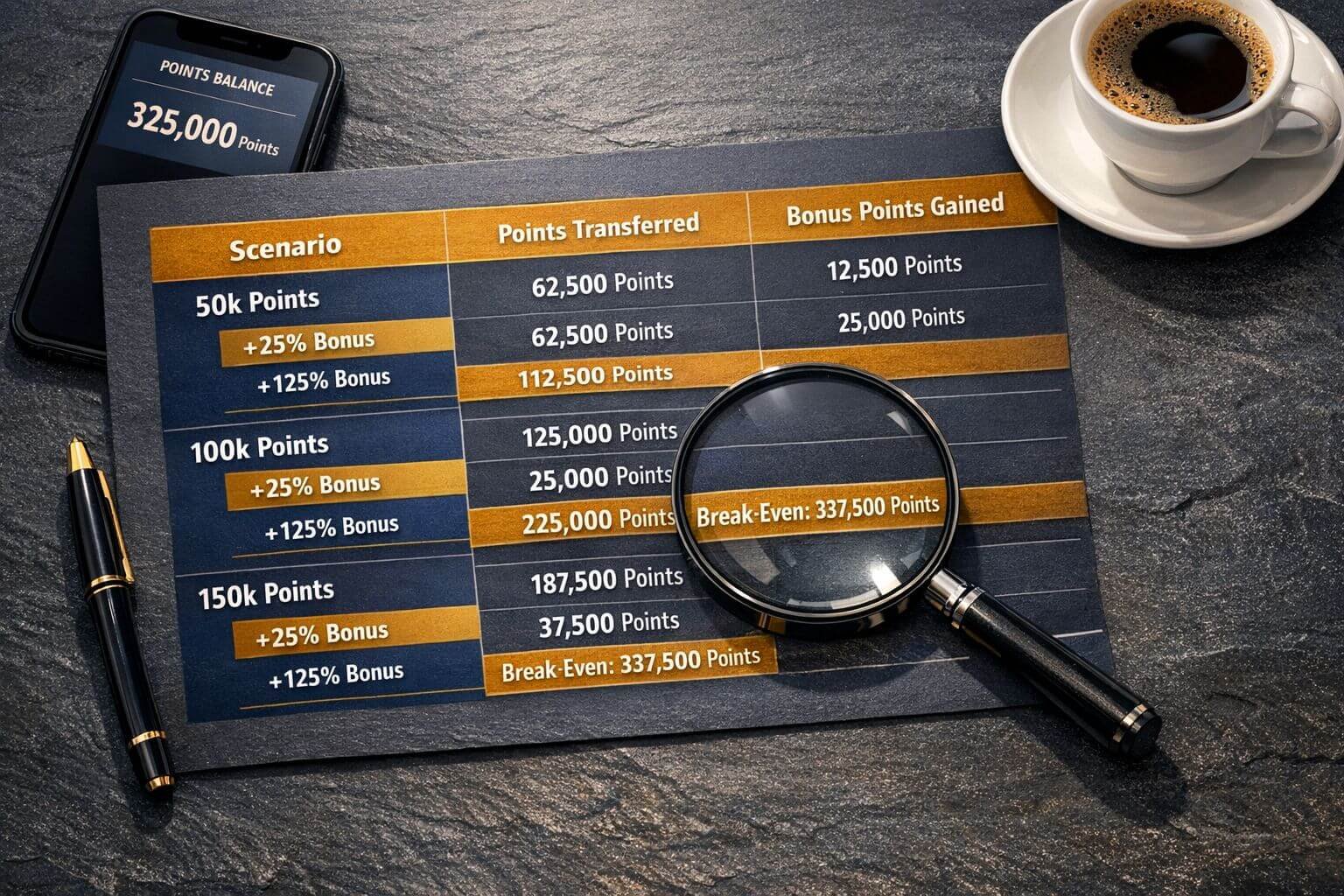 Transfer Bonus Math in 2026: When Chasing Elite-Tier Boosts Actually Pays Off () showing a detailed comparison table visualization rendered as a 3D flat-lay on a dark slate desk surface. The table