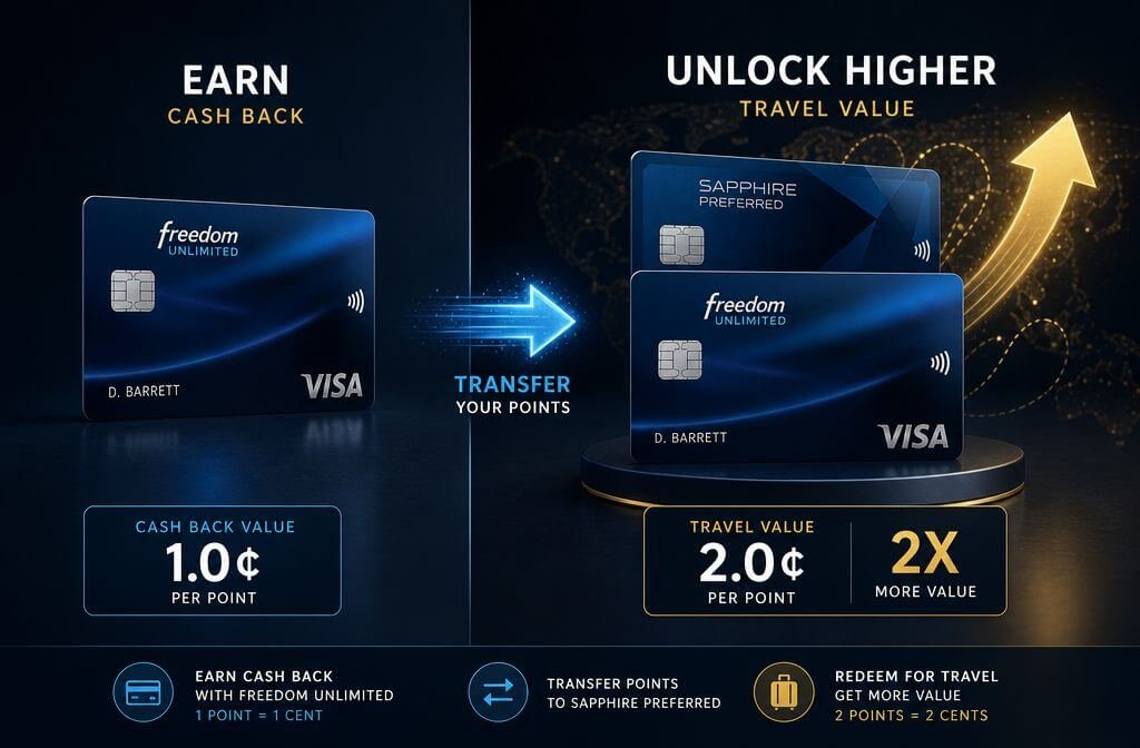 Chase Freedom Unlimited Card Review 2026: Is the No-Annual-Fee Cash Back Worth It? () split-screen comparison illustration: left panel shows Chase Freedom Unlimited card alone with 1-cent cash-back value