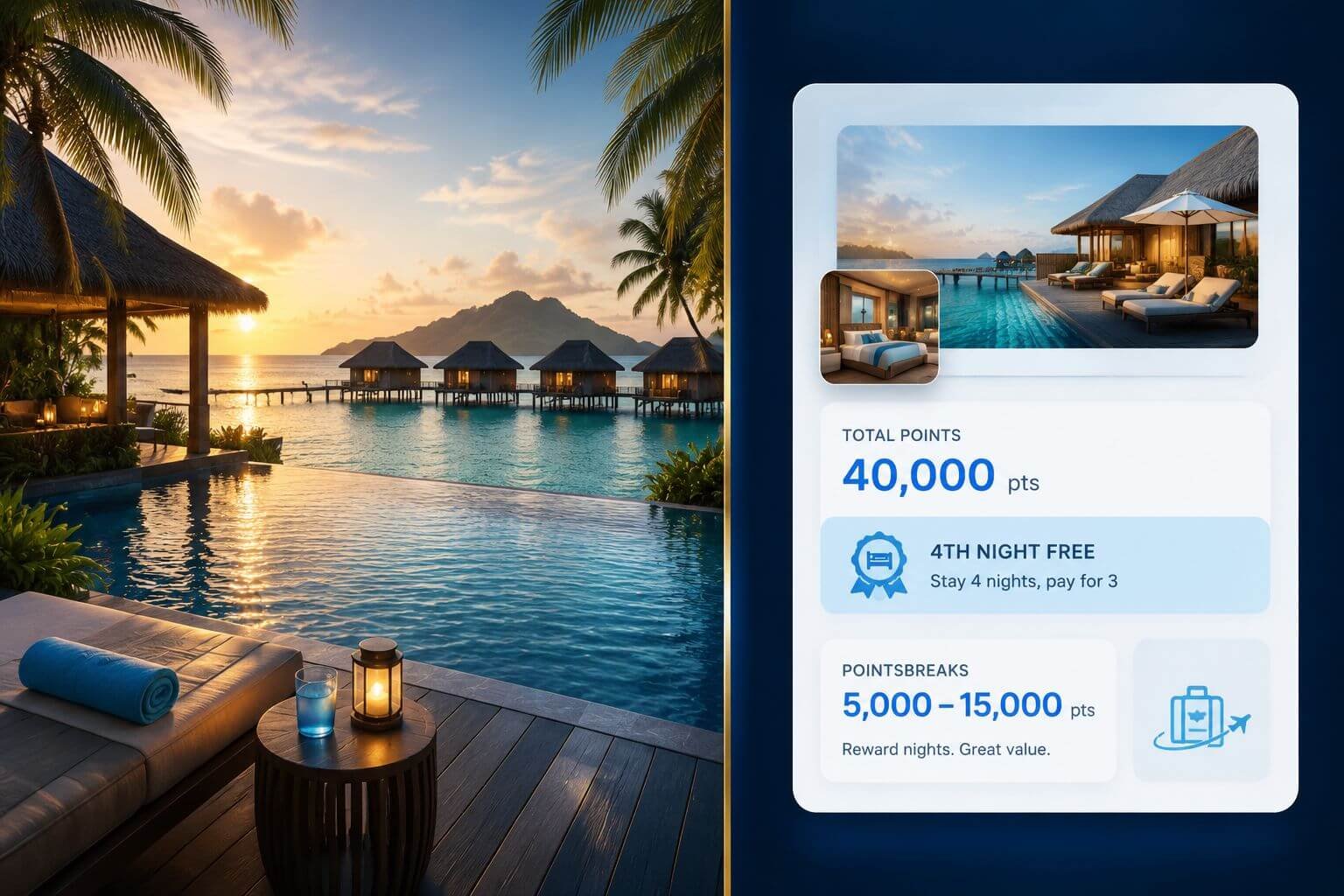 IHG One Rewards Program Guide 2026: Earning, Status, and Award Sweet Spots () split-screen editorial image: left side shows a luxury InterContinental resort pool at golden hour in Southeast Asia with