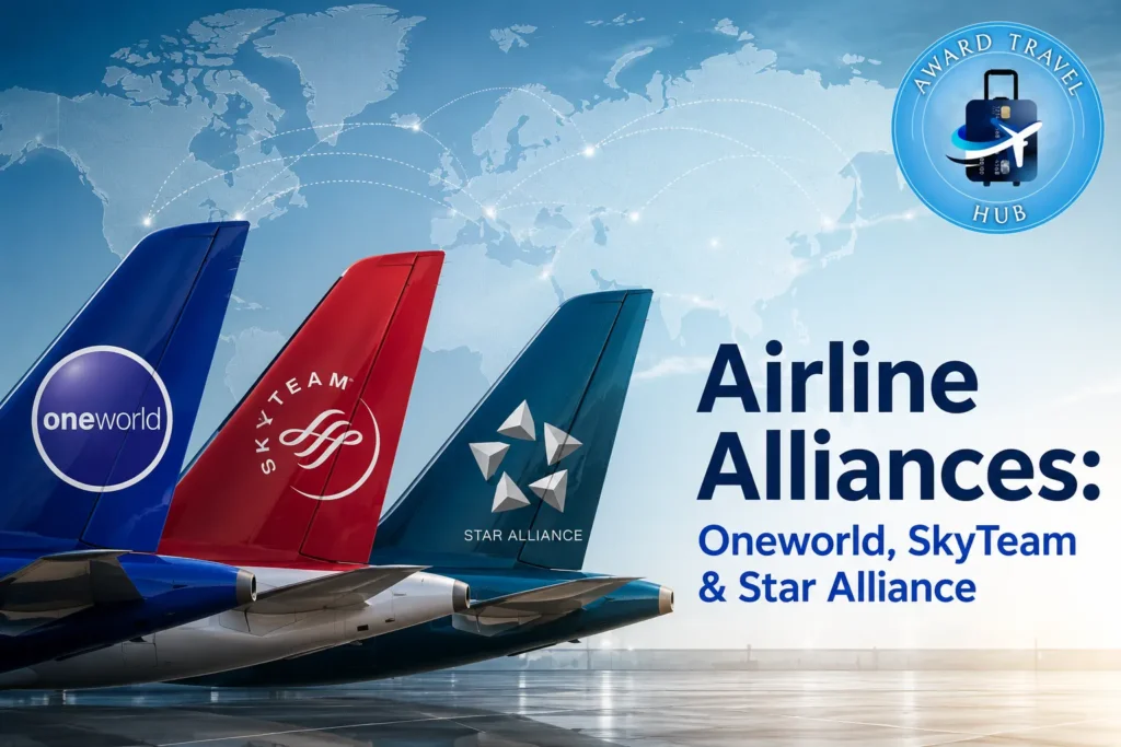 Airline Alliances (Oneworld, SkyTeam, Star Alliance) Three airplane tails with oneworld, SkyTeam, and Star Alliance logos showcase the world of Airline Alliances. The background features a world map with flight paths, highlighting the global reach of these major Airline Alliances. Text reads: Airline Alliances: Oneworld, SkyTeam & Star Alliance. Award Travel Hub badge appears in the top right.