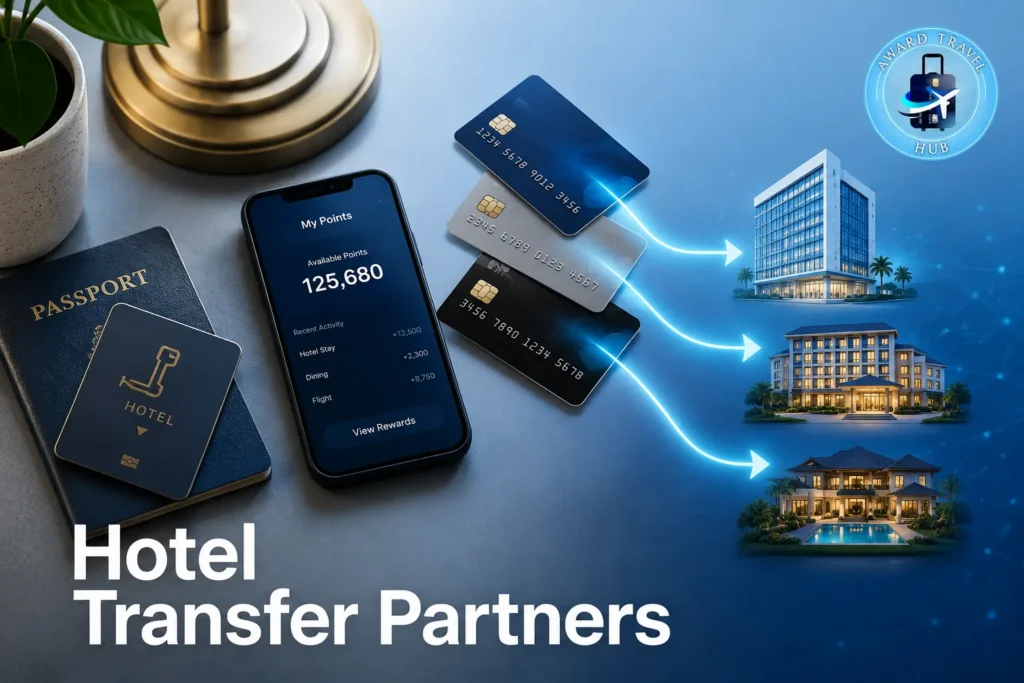 Hotel Transfer Partners A phone displays reward points next to credit cards, a passport, and a hotel keycard. Arrows connect the cards to images of three hotels, visually demonstrating Hotel Transfer Partners and points transfer options. Text reads: Hotel Transfer Partners.