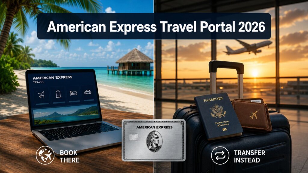 American Express Travel Portal 2026: When to Book There Instead of Transferring Split image: Left, a laptop displays the American Express Travel Portal 2026 with a tropical villa view; right, suitcase, US passport, and plane at sunset. Text: Book there and Transfer instead with American Express credit card shown.