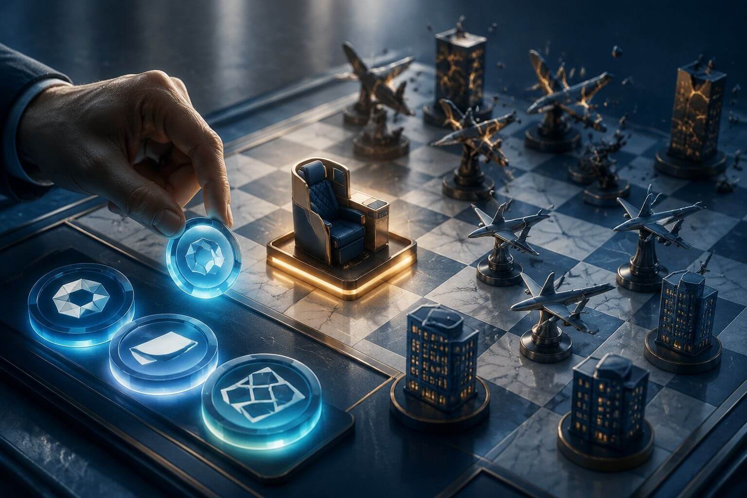 How to Protect Your Points from Devaluation in 2026: A 5-Step Defense Plan Landscape conceptual illustration of a strategist's chessboard where the pieces are miniature airplane and hotel icons, with