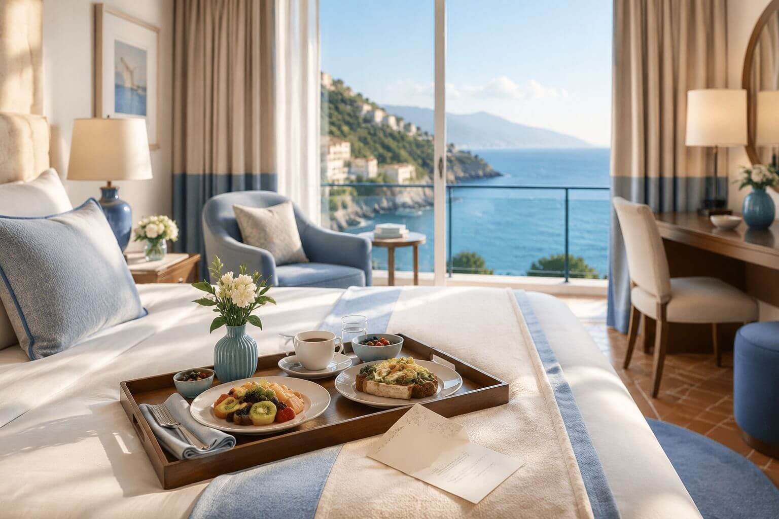 American Express Travel 2026: How to Book Smarter With Membership Rewards and Fine Hotels & Resorts Landscape luxury hotel interior photograph showing a sunlit Fine Hotels & Resorts suite with a king bed turned down, a tray