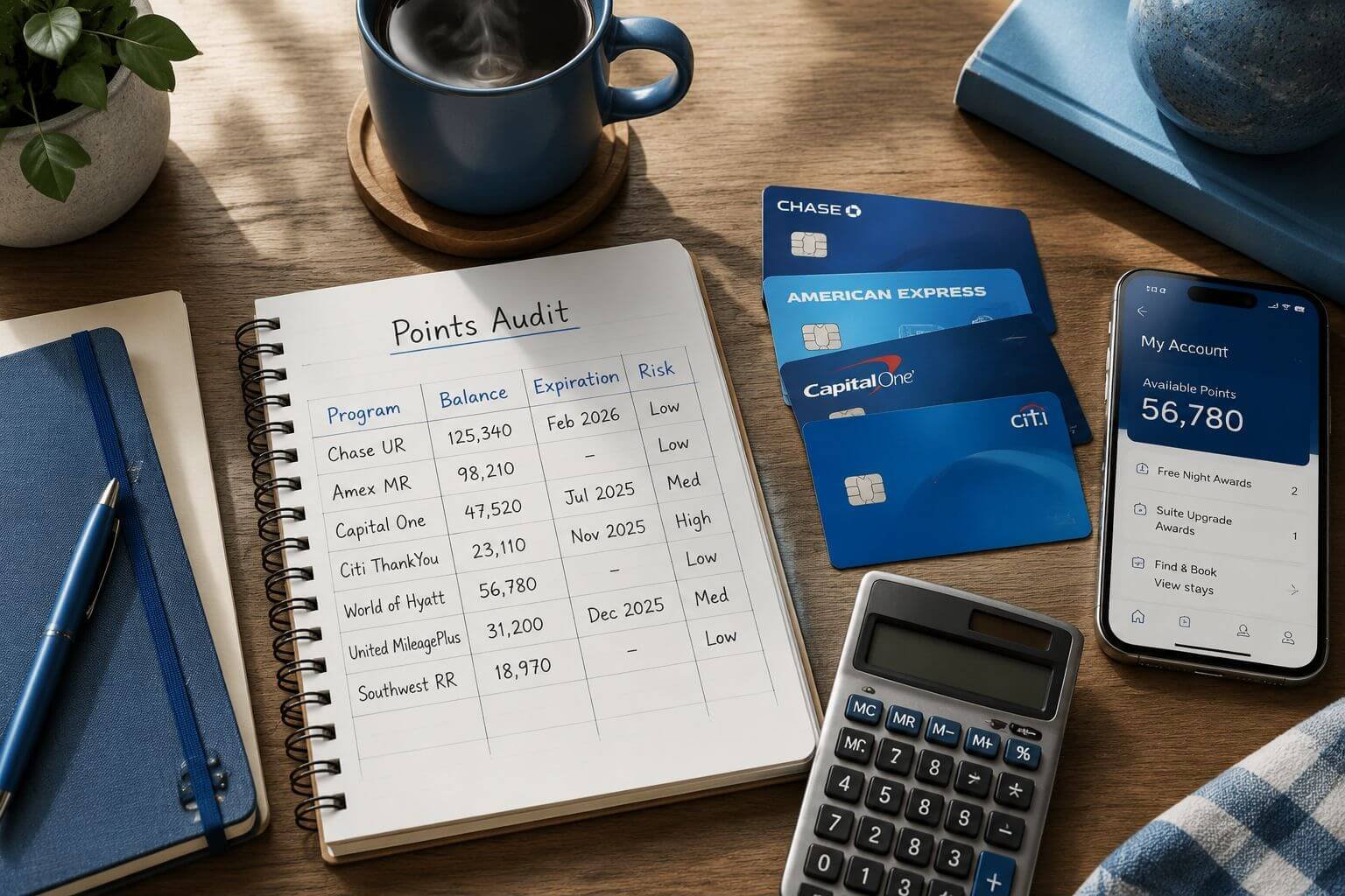 How to Protect Your Points from Devaluation in 2026: A 5-Step Defense Plan Landscape overhead flat-lay photograph of a wooden desk with a spiral notebook showing a handwritten 'Points Audit' table