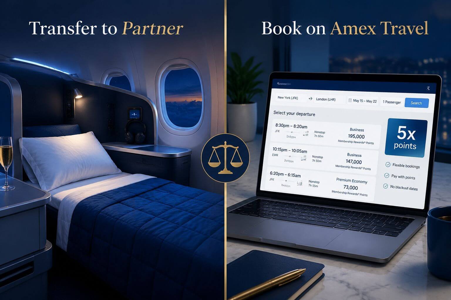 American Express Travel 2026: How to Book Smarter With Membership Rewards and Fine Hotels & Resorts Landscape split-screen comparison visual: left half shows a business class cabin seat with lie-flat bed in deep blue tones
