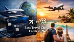 Two Chase credit cards, a toy plane, and passports are on the left. On the right, a plane flies over tropical and iconic landmarks as a couple looks on, capturing the spirit of adventure. Text reads: Best Travel Chase Cards 2026.