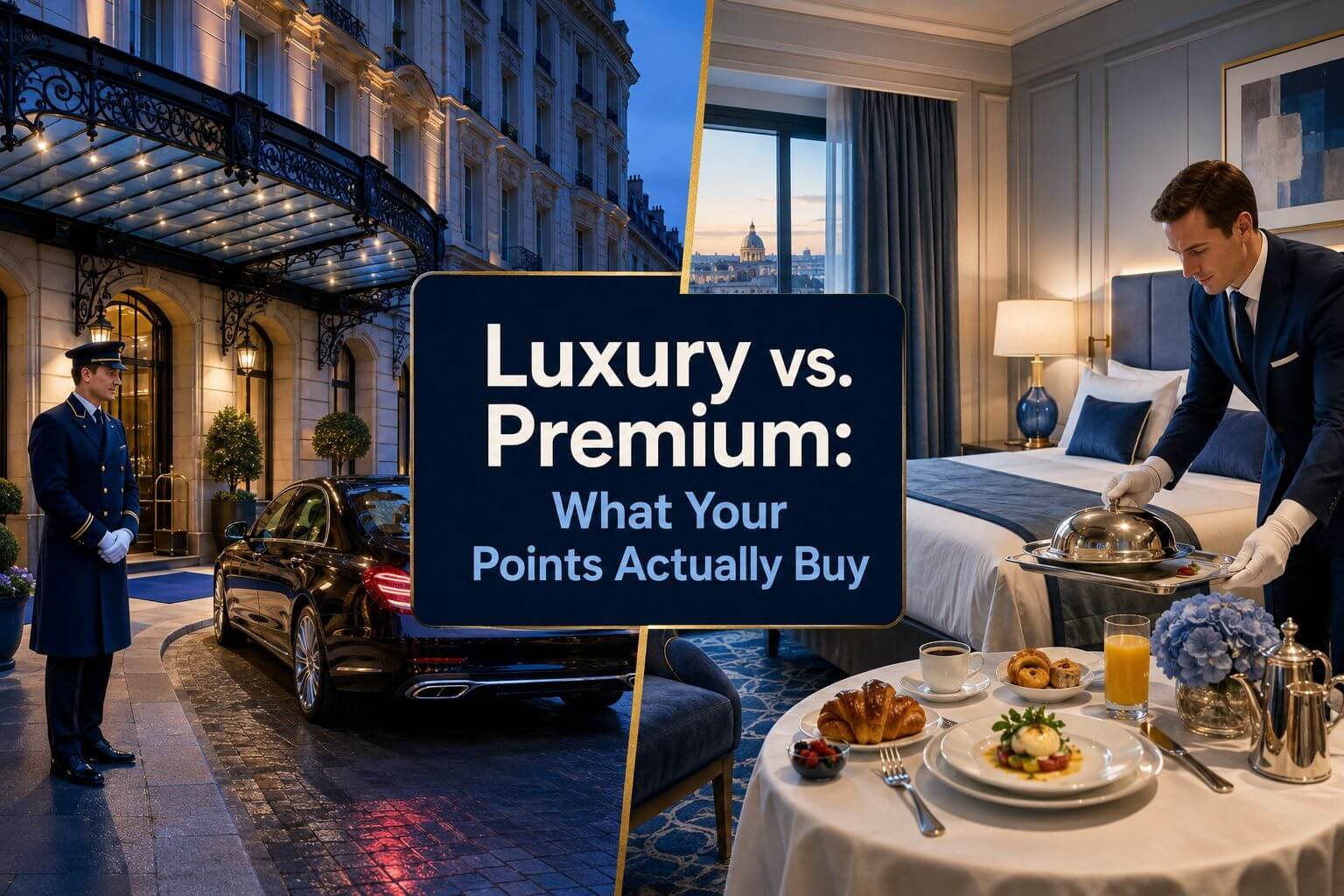 () editorial illustration showing a split-screen comparison chart: left side displays a sleek five-star hotel exterior with