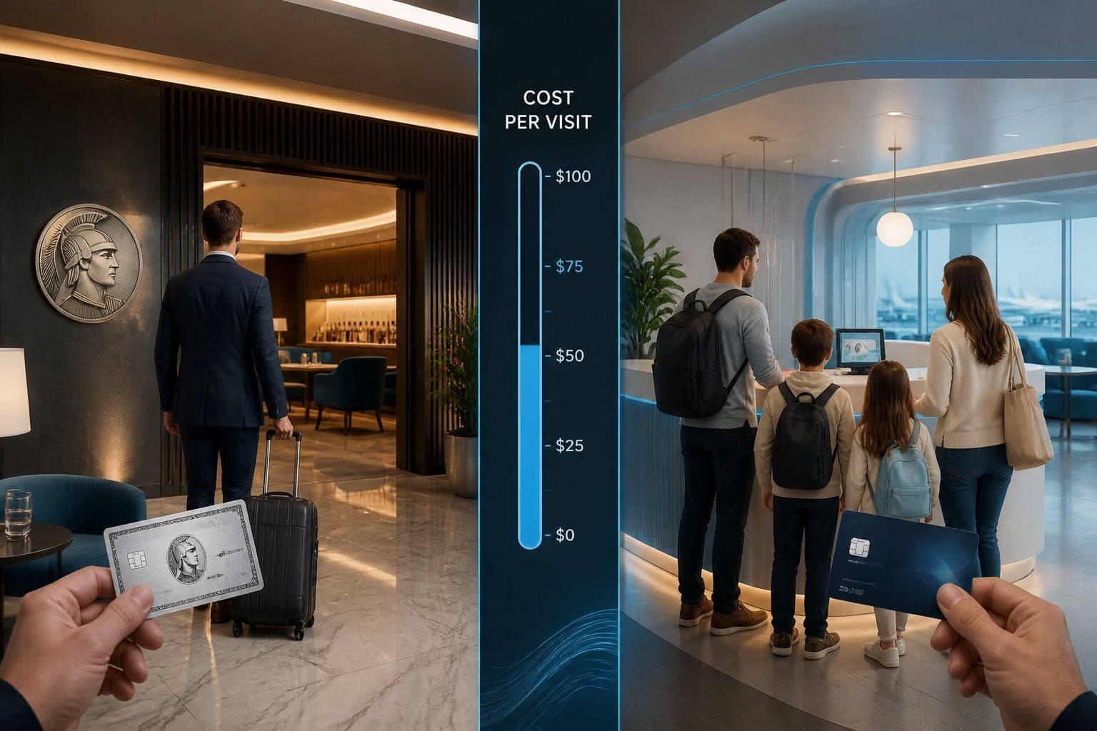 Airport Lounge Access Credit Cards 2026: Cost-Per-Visit Math for Priority Pass, Centurion, Sapphire, and Capital One () showing a split-scene traveler profile decision framework. Left side: a solo business traveler in a suit entering a sleek