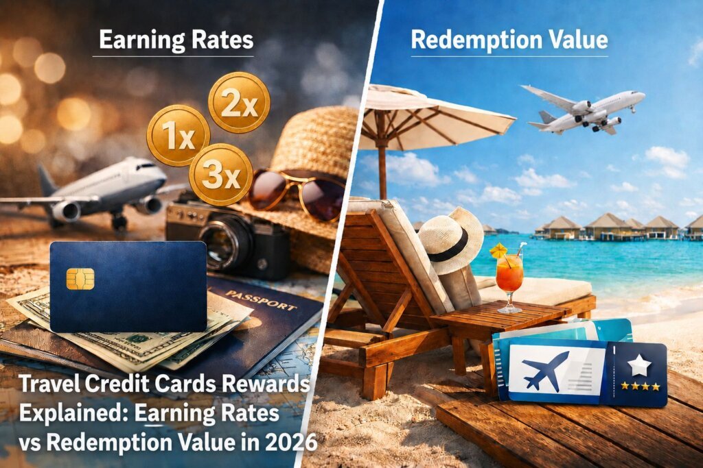Travel Credit Cards Rewards Explained: Earning Rates vs Redemption Value in 2026 A split image: left side shows credit cards, passports, and hats labeled with earning rates (1x, 2x, 3x), visually illustrating how Travel Credit Cards Rewards are earned; right side shows a beach, lounge chairs, and travel items, representing redemption value with an airplane in the sky—Travel Credit Cards Rewards Explained.